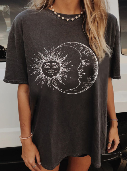 Neojana Cool Grey Sun Moon Print T-Shirt - chicyea