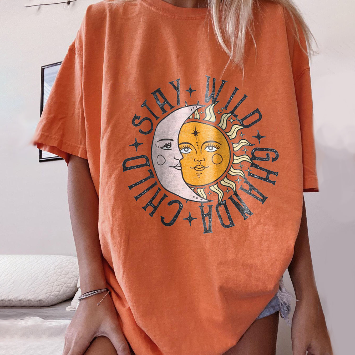 Neojana Moon Sun Letter Printing Casual T-Shirt - chicyea