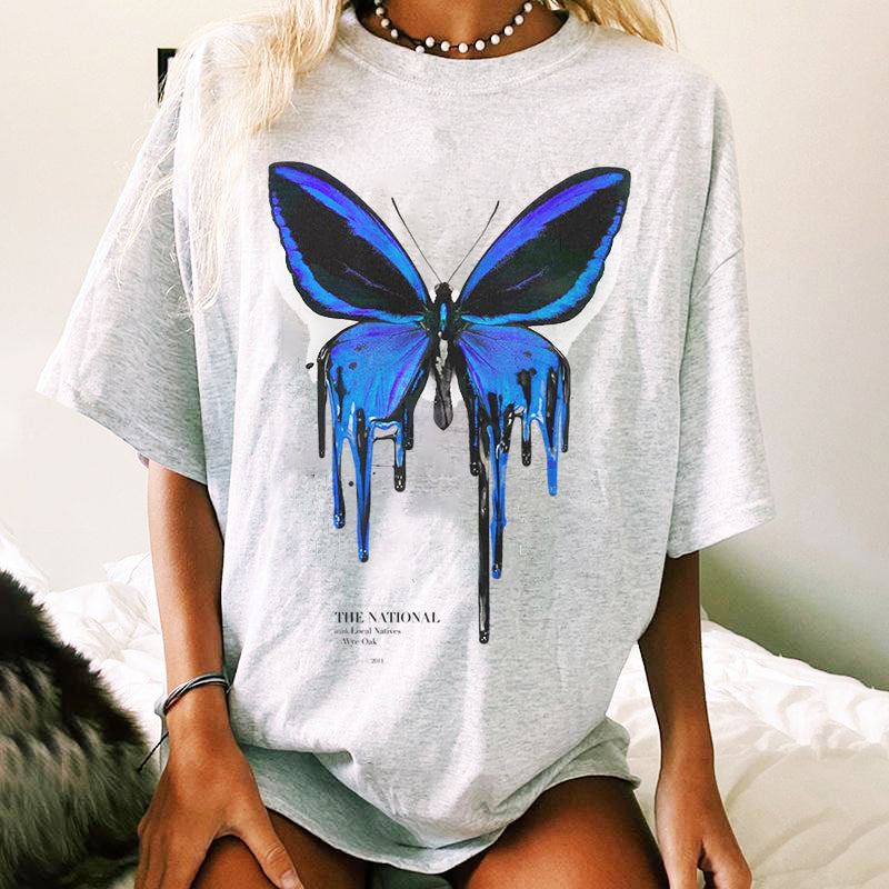 Neojana Blue Butterfly Short Sleeve T Shirt - chicyea