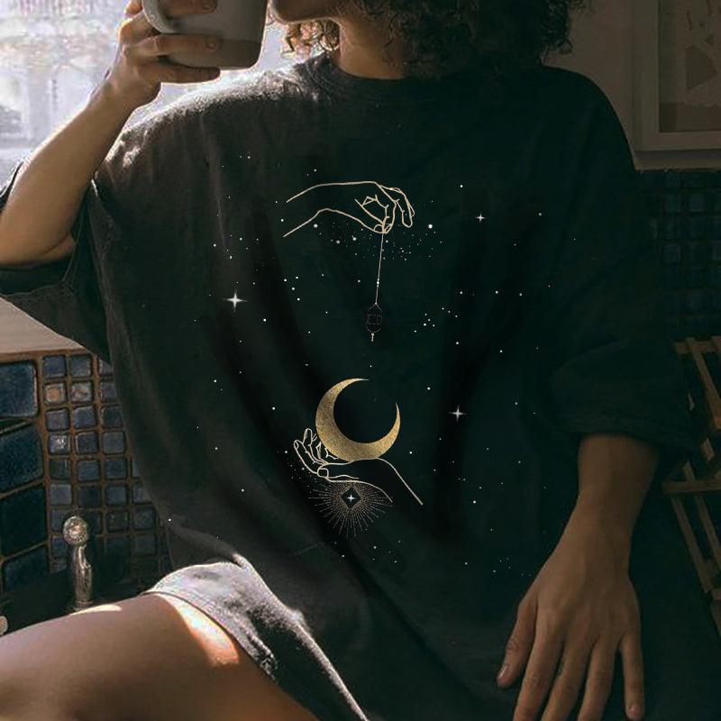 Neojana Women Short Sleeve Star Moon Print T-Shirt - chicyea