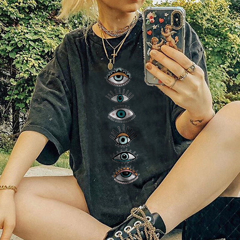 Neojana Personality Evil Eyes Print Designer Oversized T-Shirt - chicyea