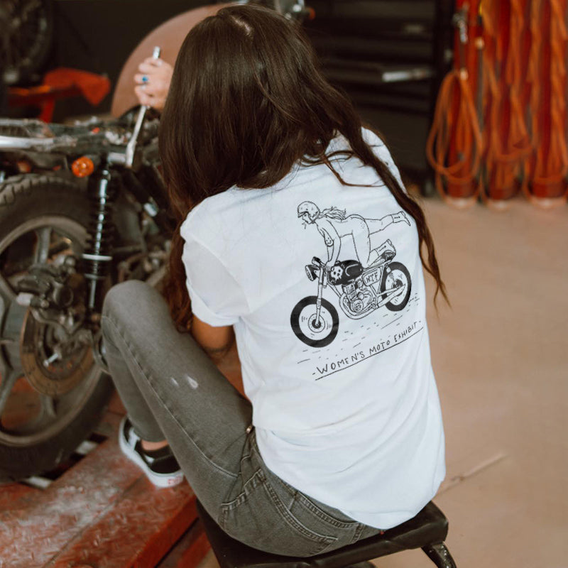 Minnieskull Women Moto Exhibit Rider Printed Designer Crewneck T-Shirt - chicyea