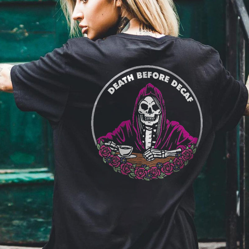 Minnieskull Death Before Decaf Skull Print T-Shirt - chicyea