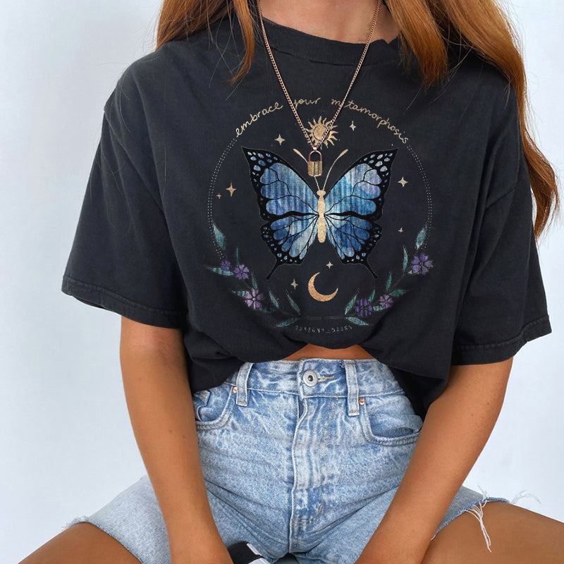 Neojana Blue Butterfly Moon Graphic T-Shirt - chicyea