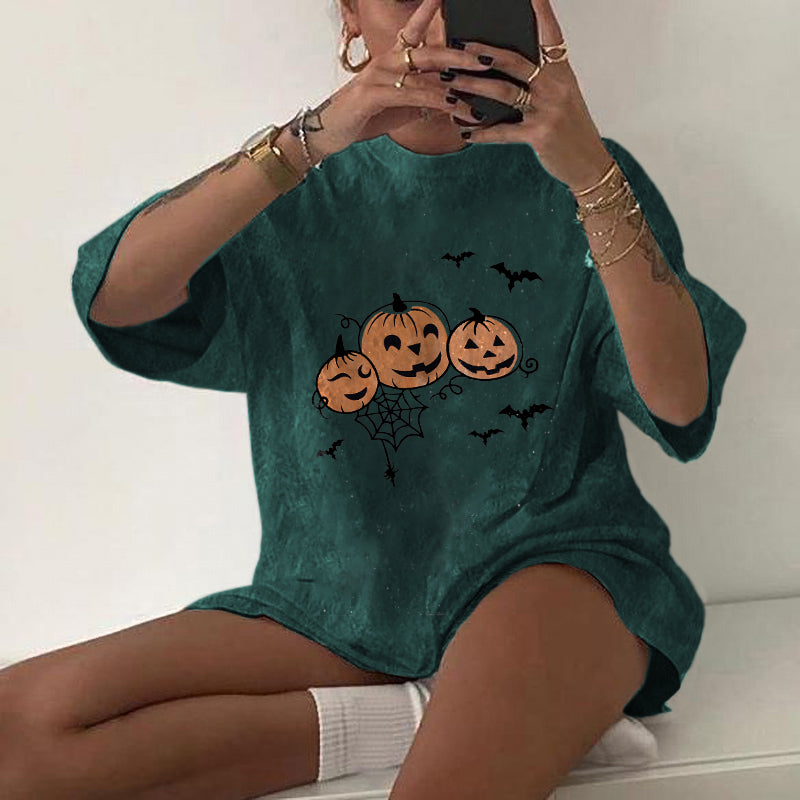 Neojana Funny Pumpkin Bat Spider Print T-Shirt - chicyea