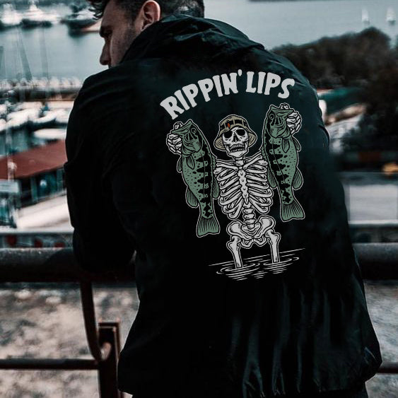 Uprandy Men Rippin Lips Skull Clutching Fishes Printed Hoodie - chicyea