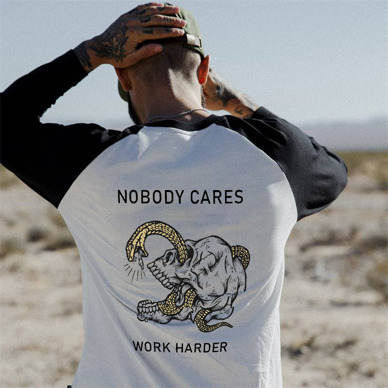 Uprandy Nobody Cares Work Harder Skull Print Long-Sleeved T-Shirt - chicyea