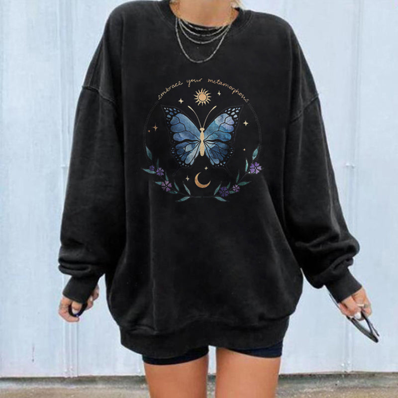 Neojana Art Moon Butterfly Printed Sweatshirt - chicyea