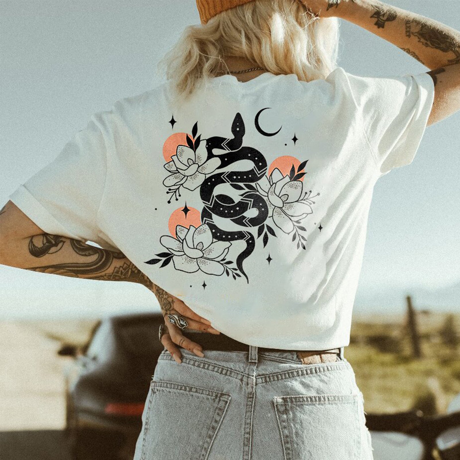 Minnieskull Snake Floral Print T-Shirt Designer - chicyea