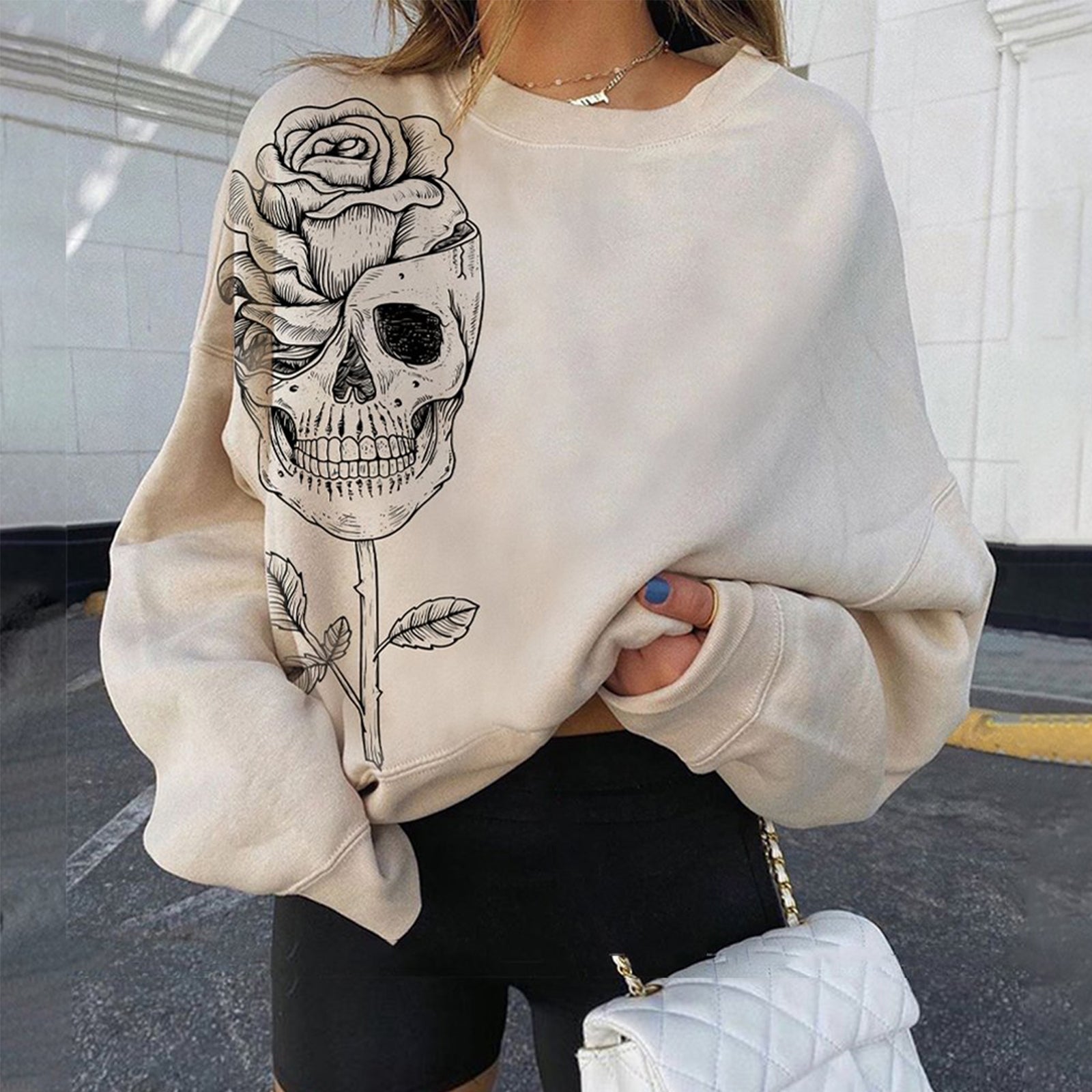 Minnieskull Skull Rose Print Designer Sweatshirt - chicyea