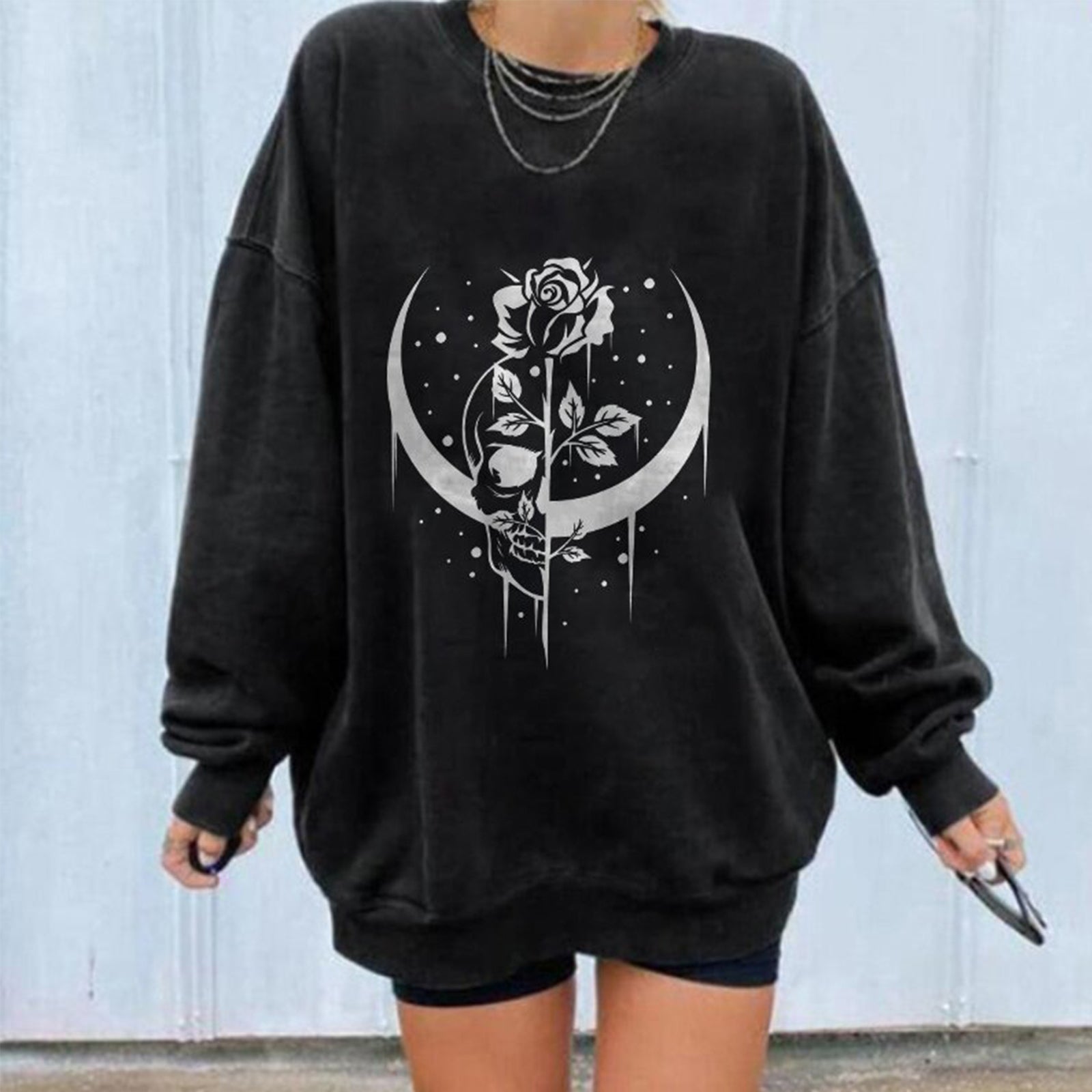 Minnieskull Cool Skull Moon Rose Print Sweatshirt - chicyea