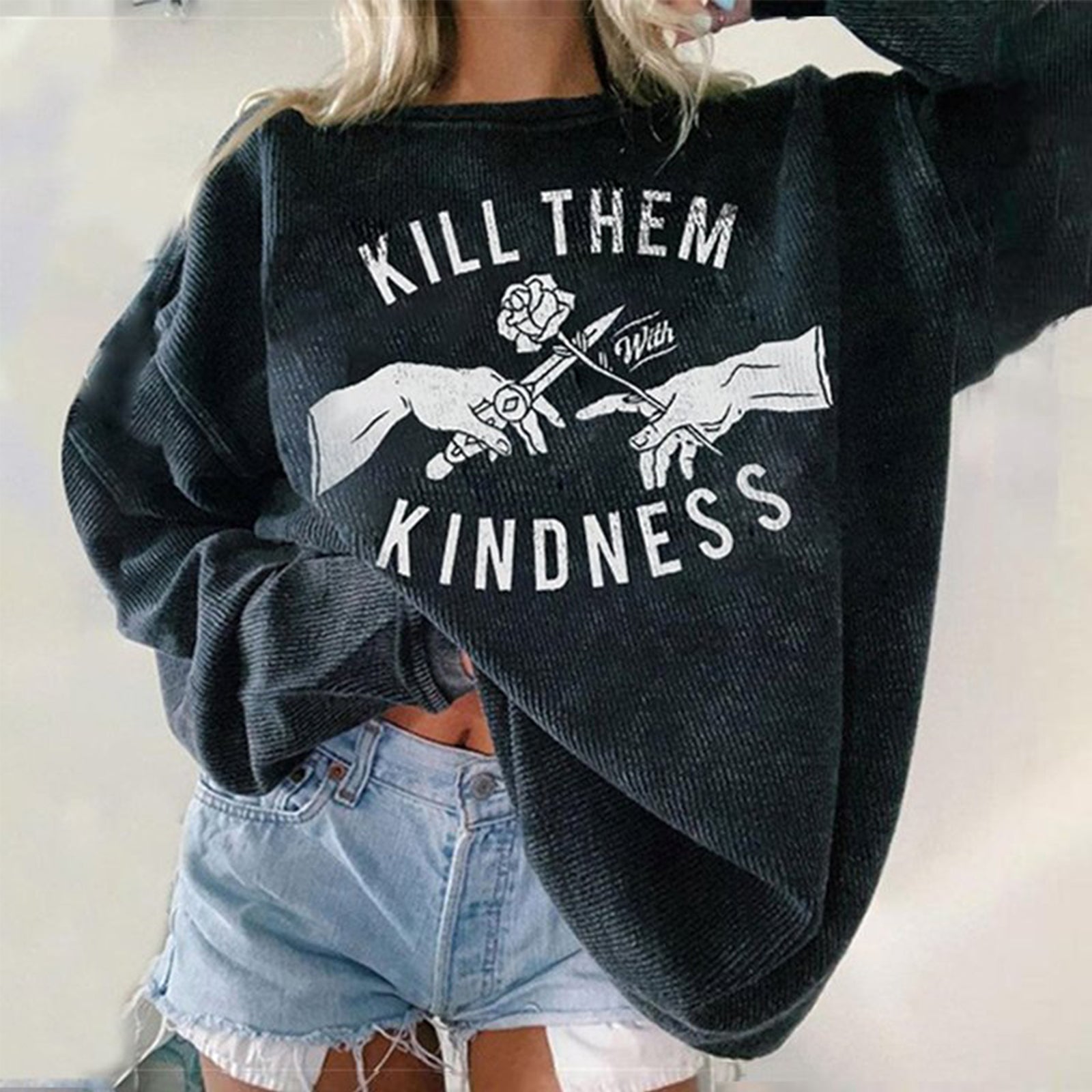 Minnieskull Kill Them Kindness Printed Women Sweatshirt - chicyea