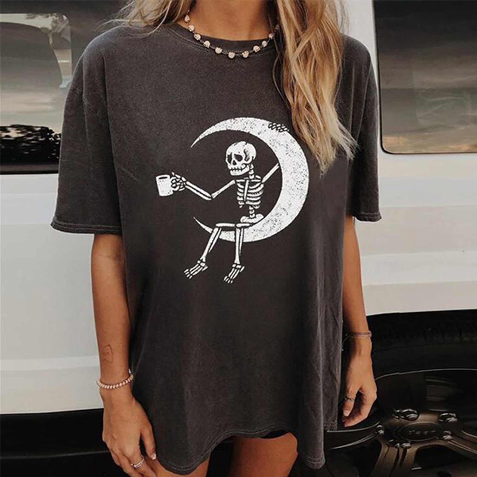 Minnieskull Crew Neck Skull Print T-Shirt - chicyea