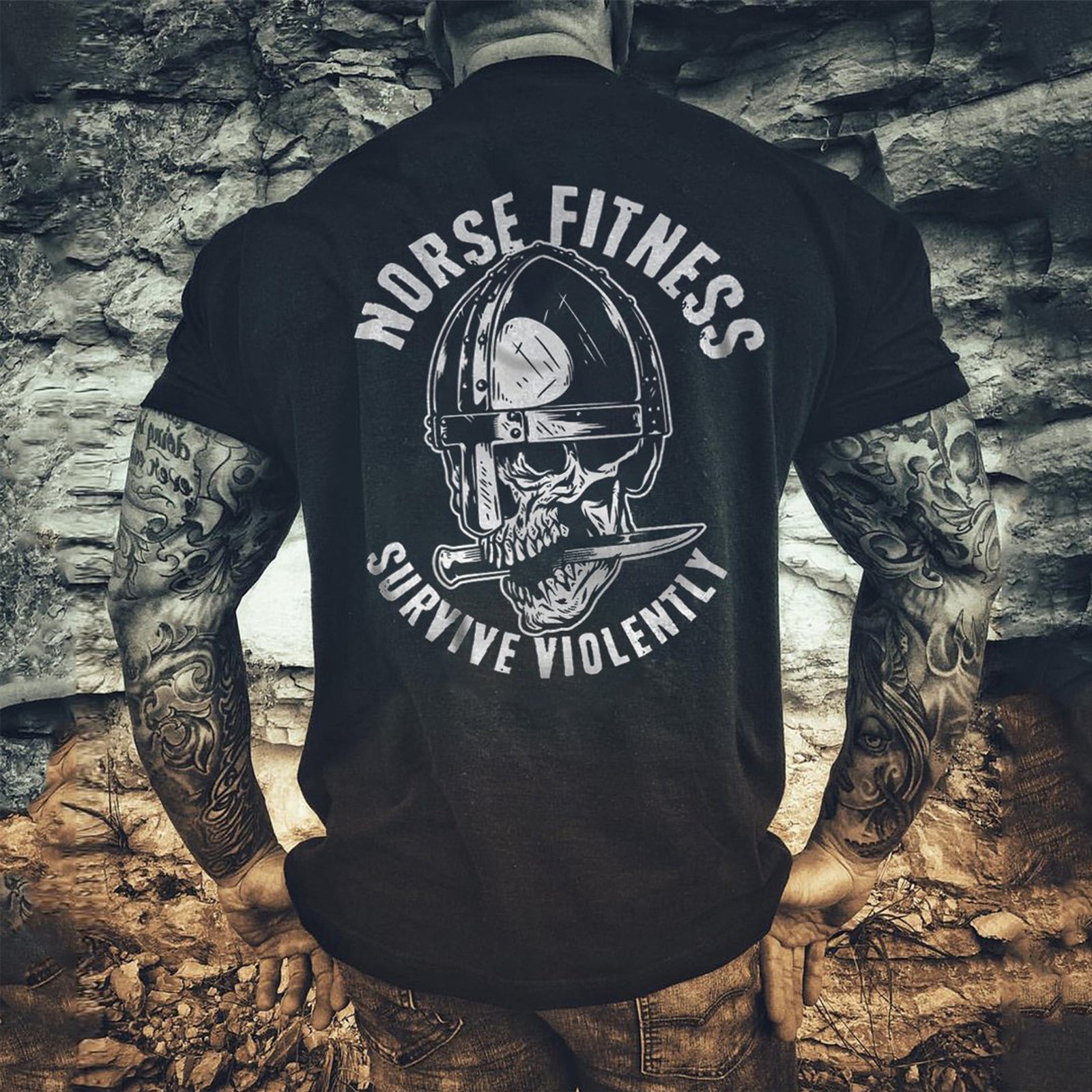 Livereid Cool Norse Fitness Survive Violently Skull T-Shirt - chicyea