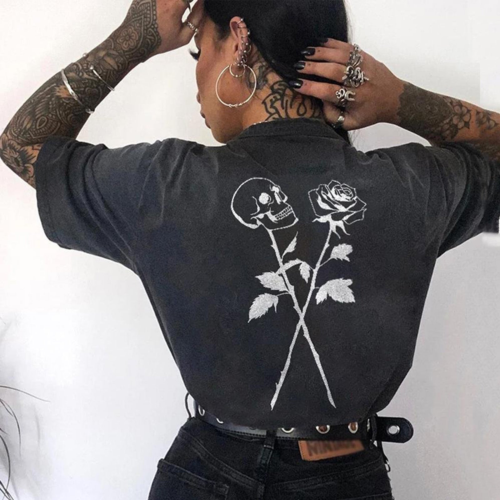 Minnieskull Skull Rose Print Designer Women Short Sleeve T-Shirt - chicyea