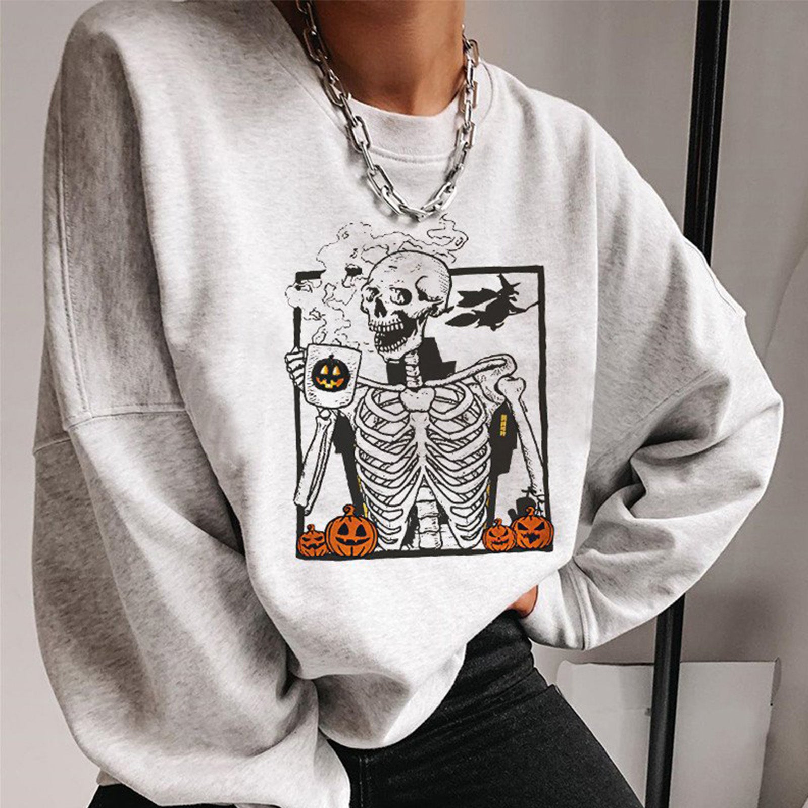 Minnieskull Cool Halloween Skull Drinking Coffee Printed Women Sweatshirt - chicyea