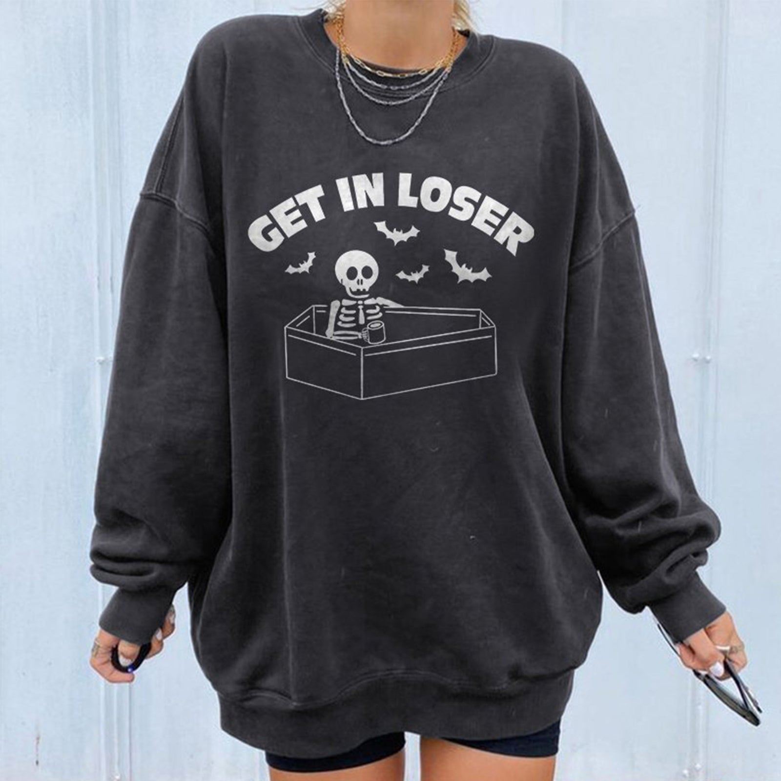 Minnieskull Get In Loser Skull Bat Graphic Sweatshirt - chicyea