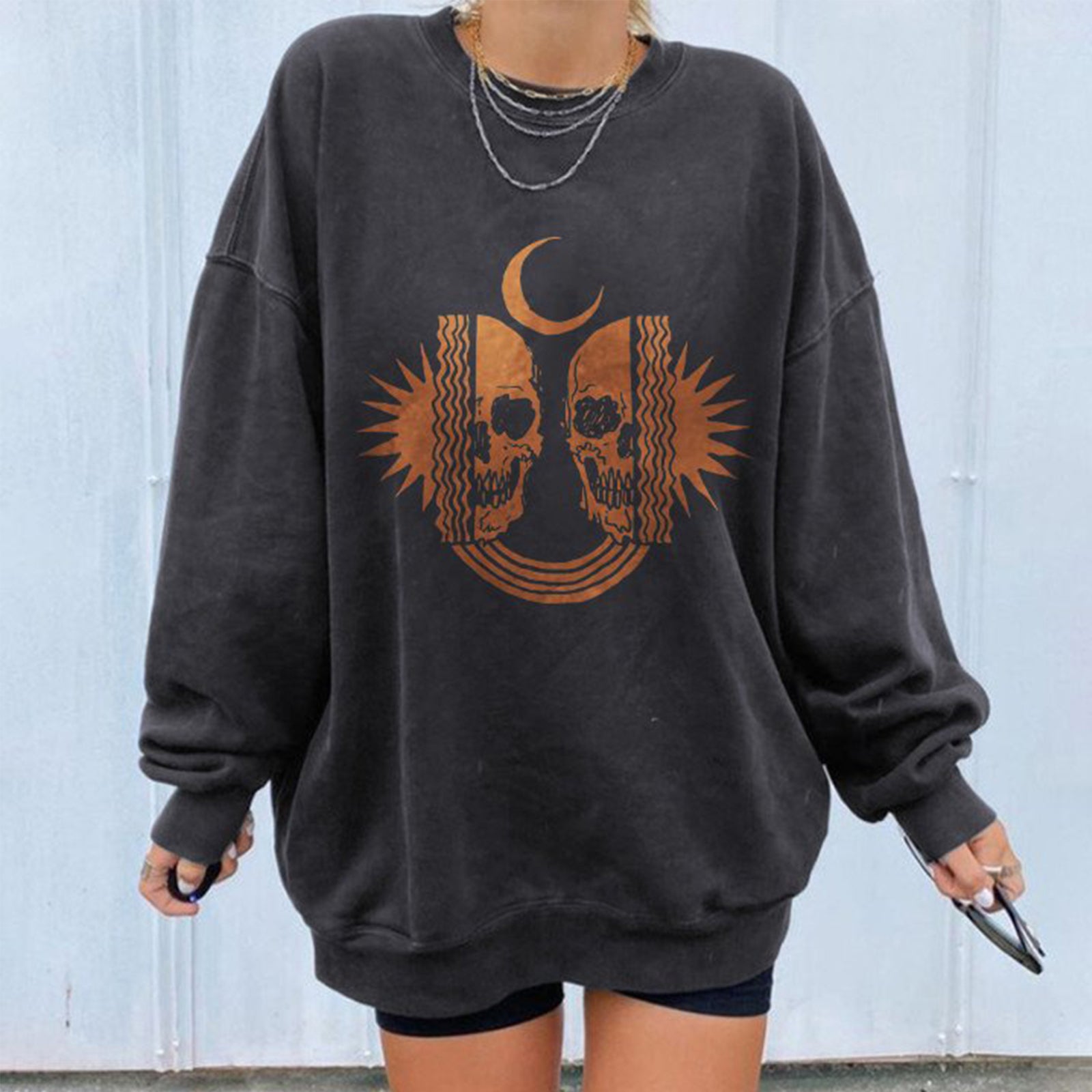 Minnieskull Cool Skull Moon Print Women Plus Sweatshirt - chicyea