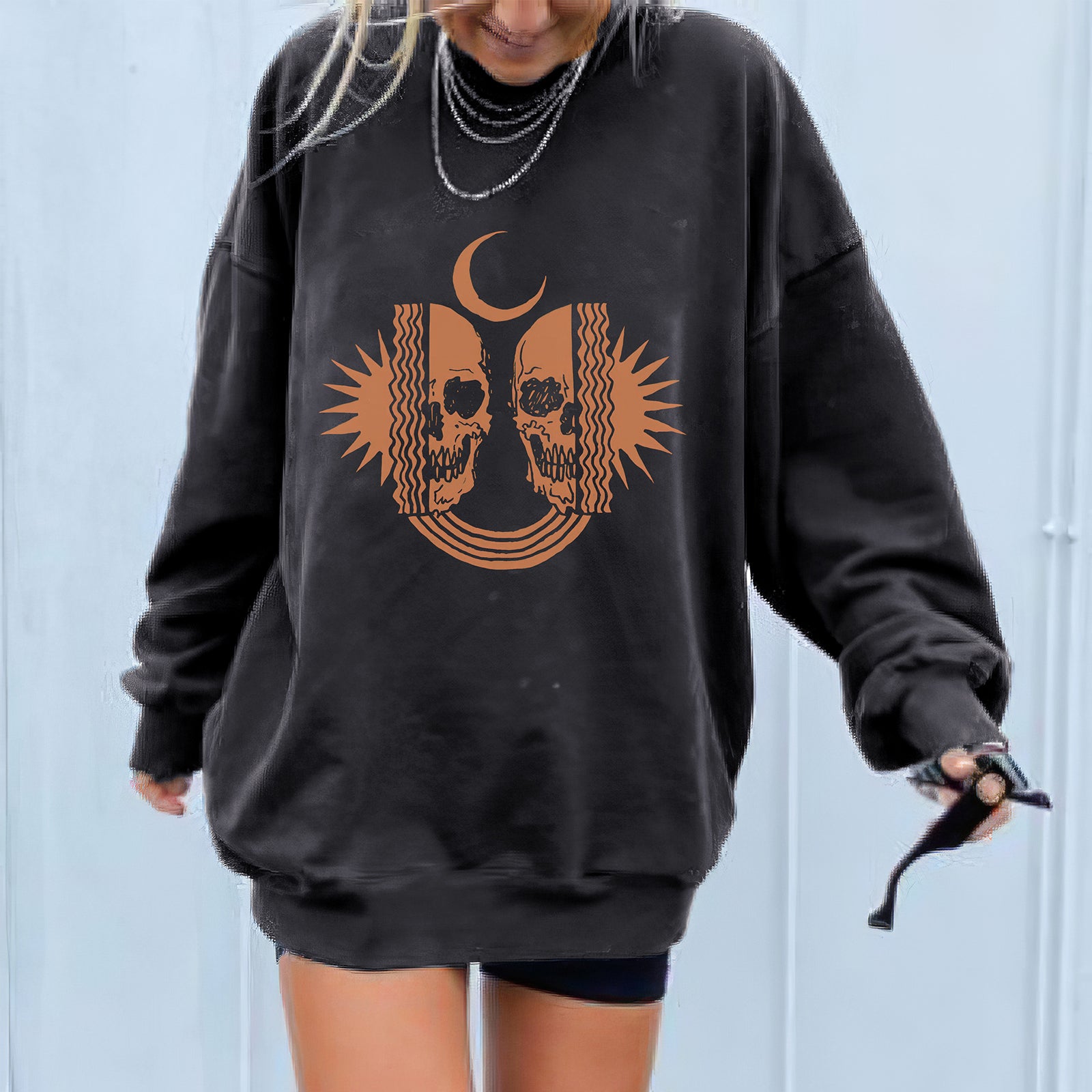 Minnieskull Cool Skull Moon Print Women Plus Sweatshirt - chicyea