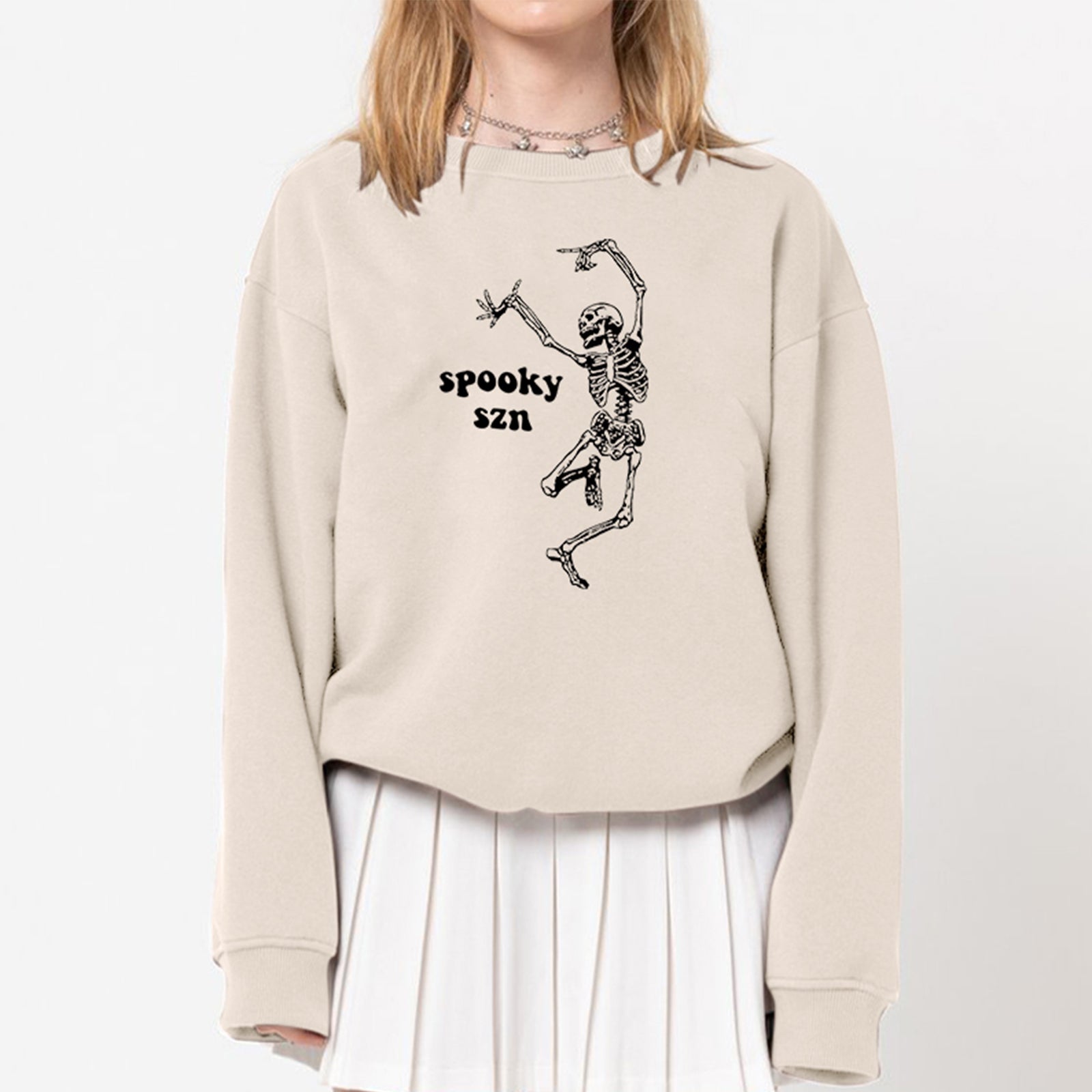 Minnieskull Cool Spooky Szn Skeleton Printed Fashion Sweatshirt - chicyea
