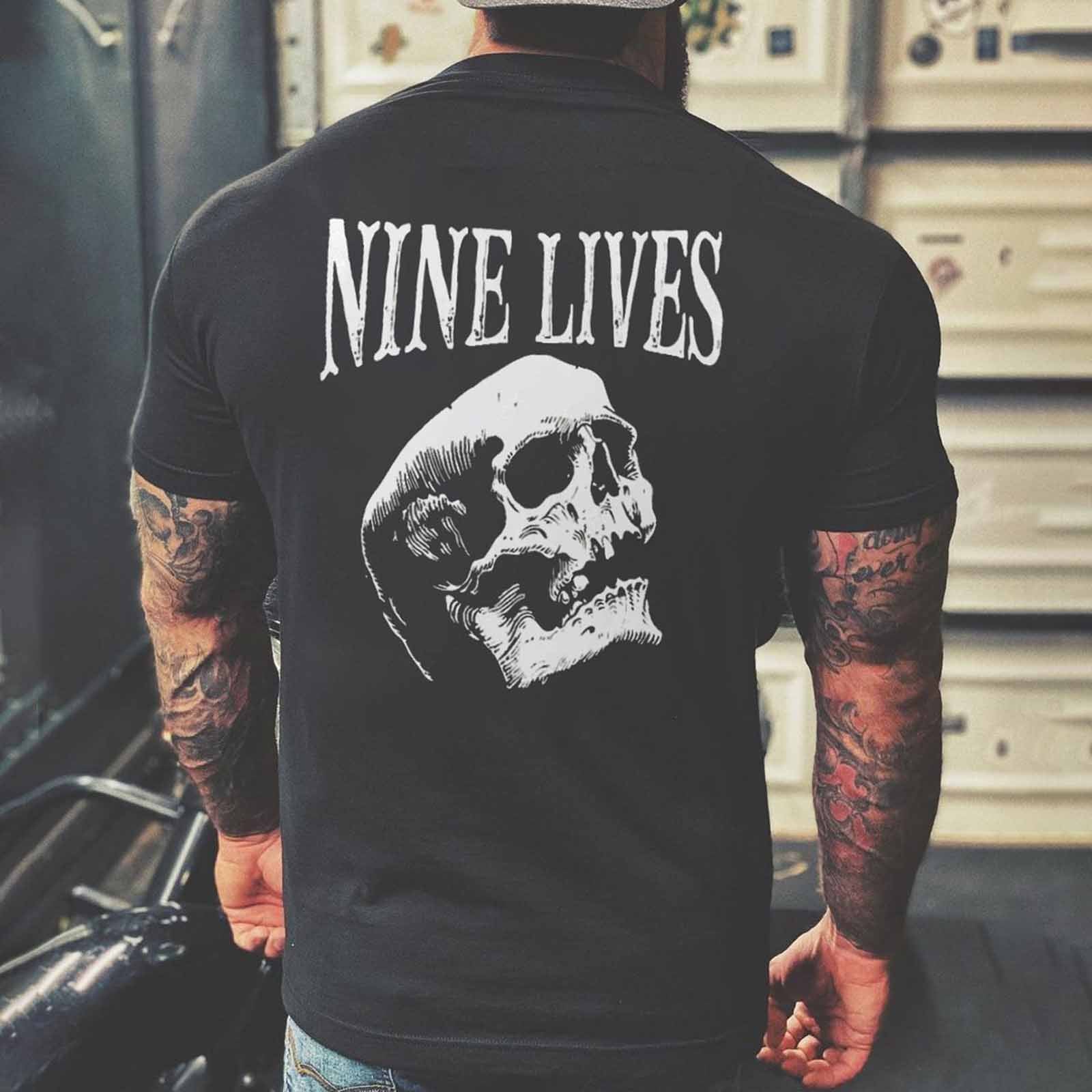Livereid Nine Lives Skull Casual Letter T-Shirt - chicyea
