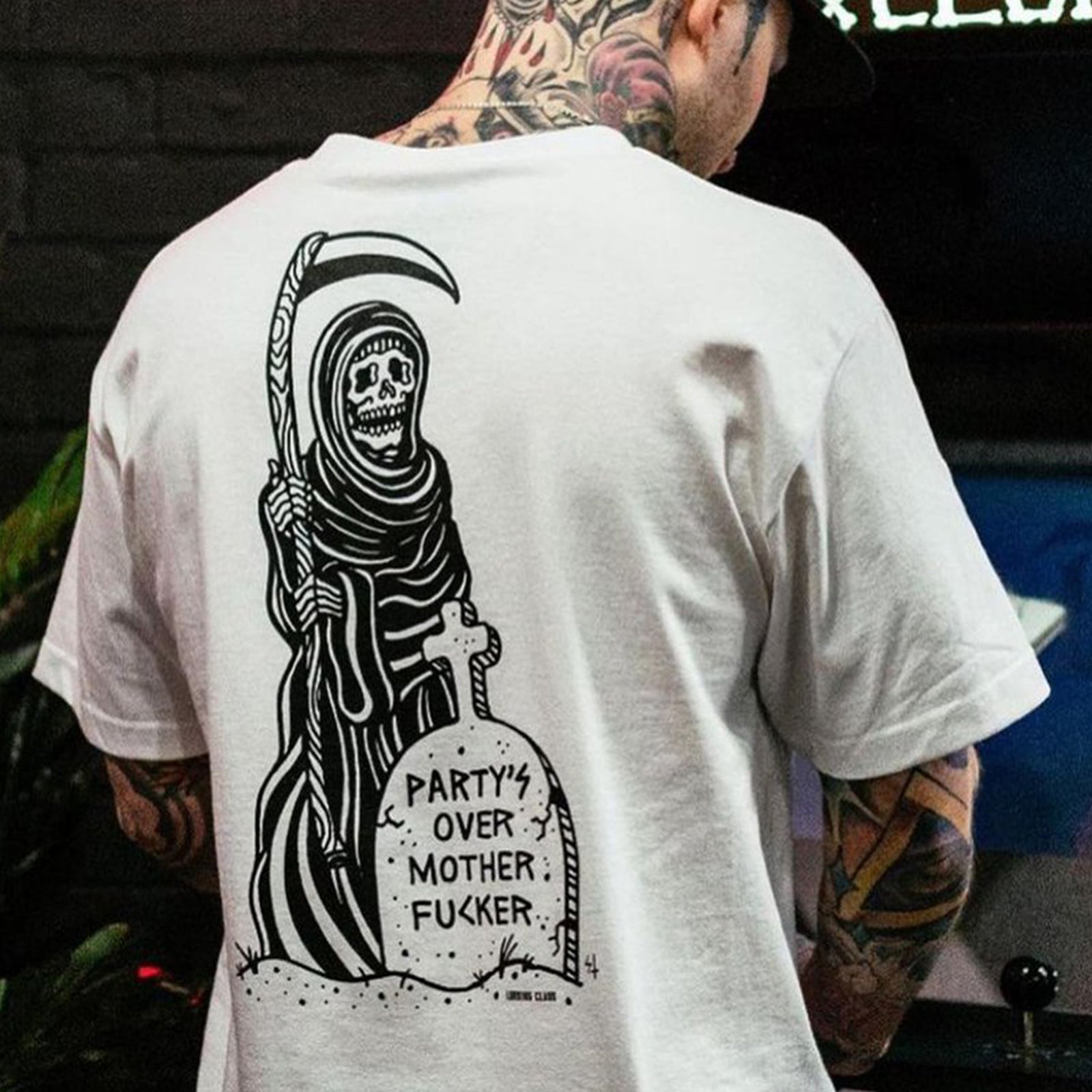 Cloeinc Party Over Mother Fucker Skull Printed Reaper T-Shirt - chicyea