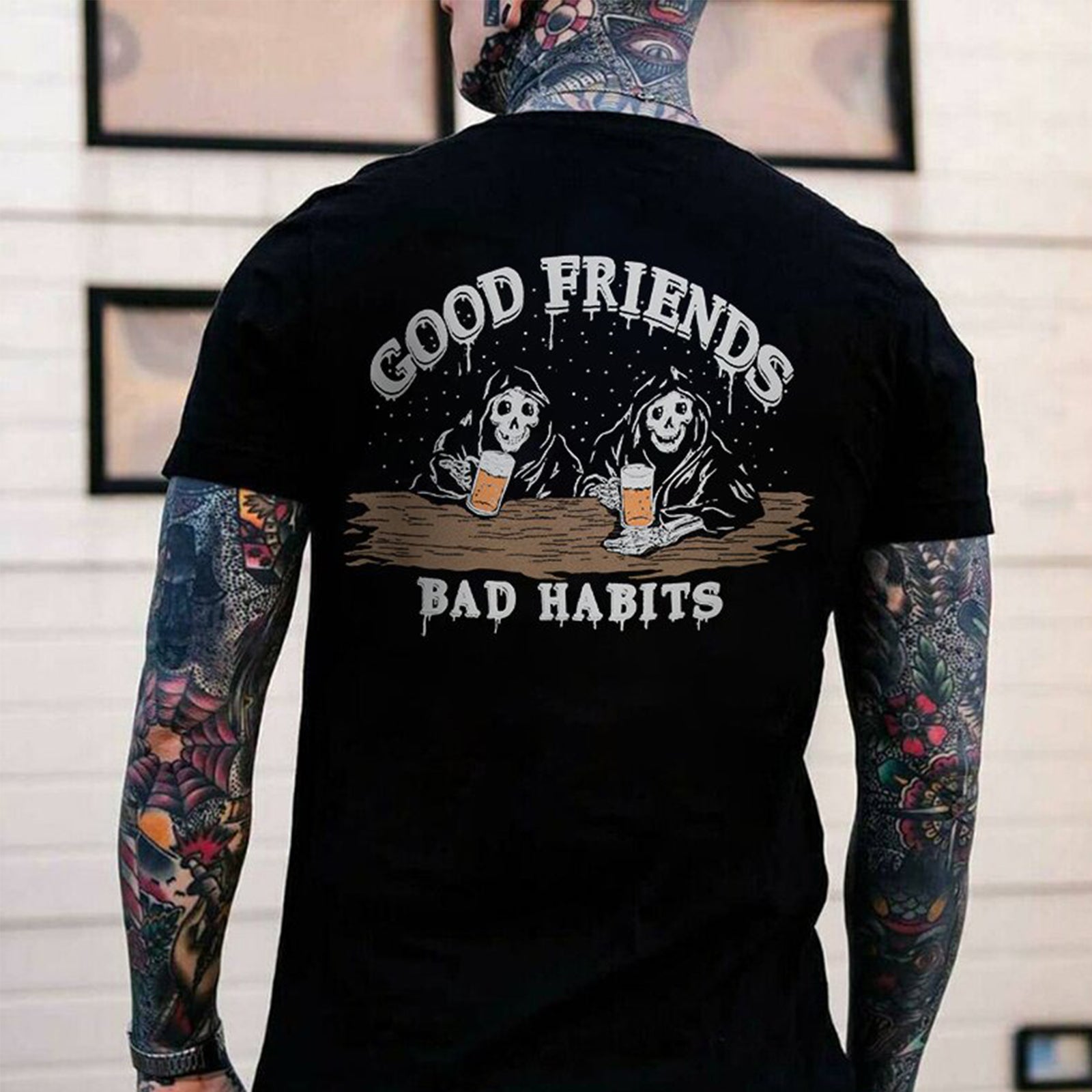 Cloeinc Good Friends Bad Habits Drunk Reaper Skull Print T-Shirt - chicyea
