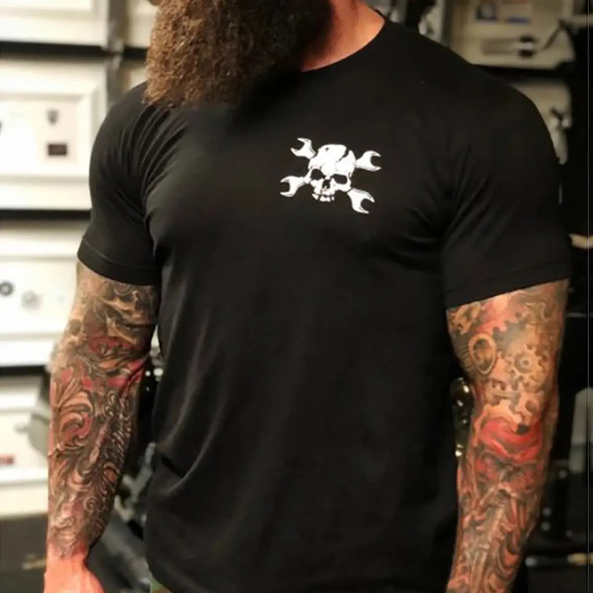 Livereid Black Skull Wrench Crewneck Printed T-Shirt
