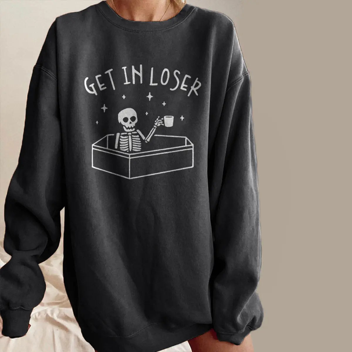 Minnieskull Cool Skull Drinking Coffee Get In Loser Printed Sweatshirt Image - 1