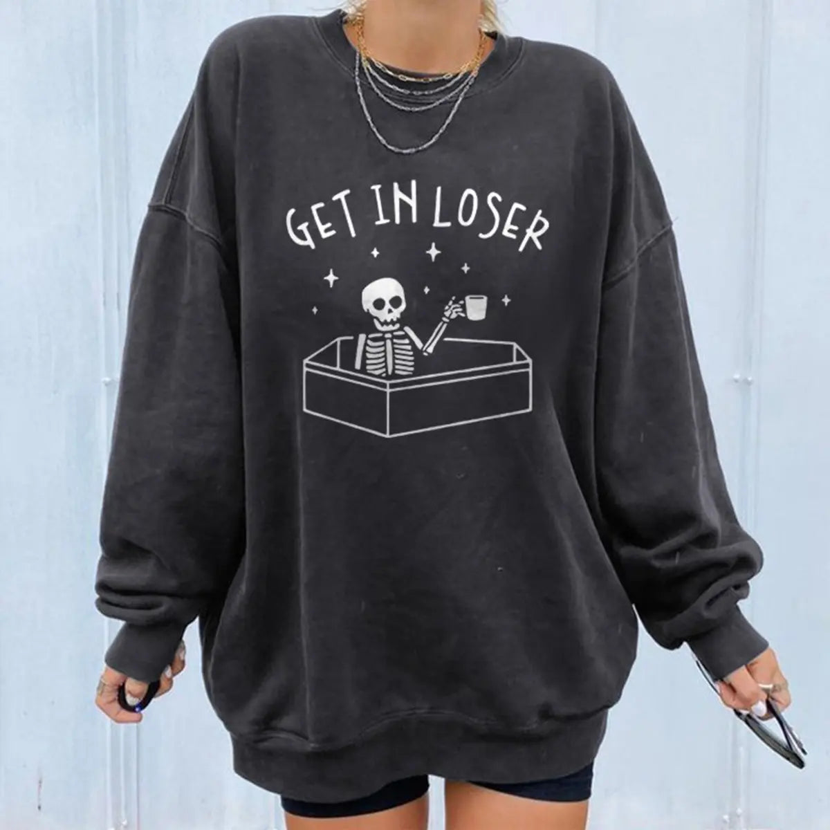 Minnieskull Cool Skull Drinking Coffee Get In Loser Printed Sweatshirt Image - 2