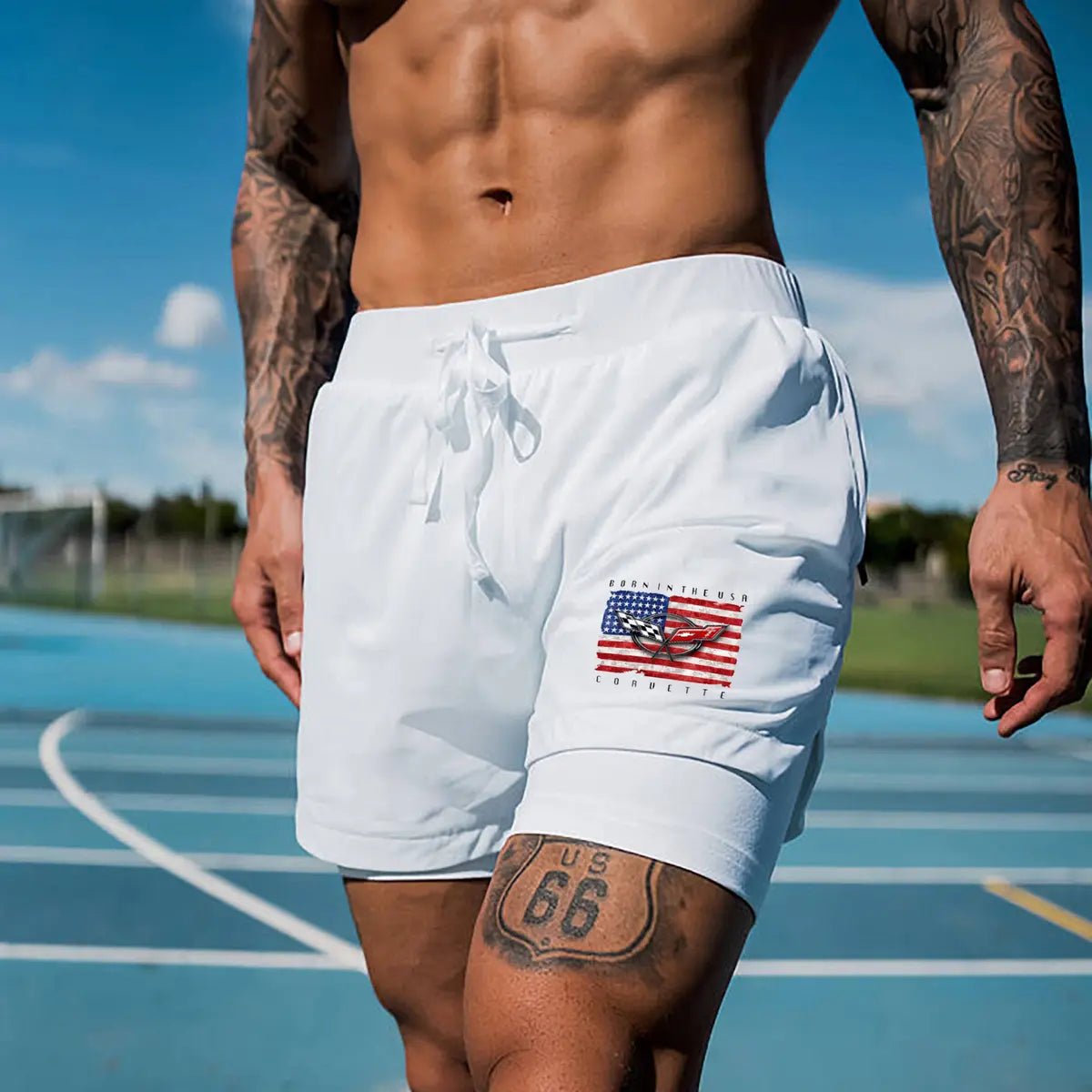 Born In The USA Corvette Print All-In-One-Fitnessshorts für Herren 