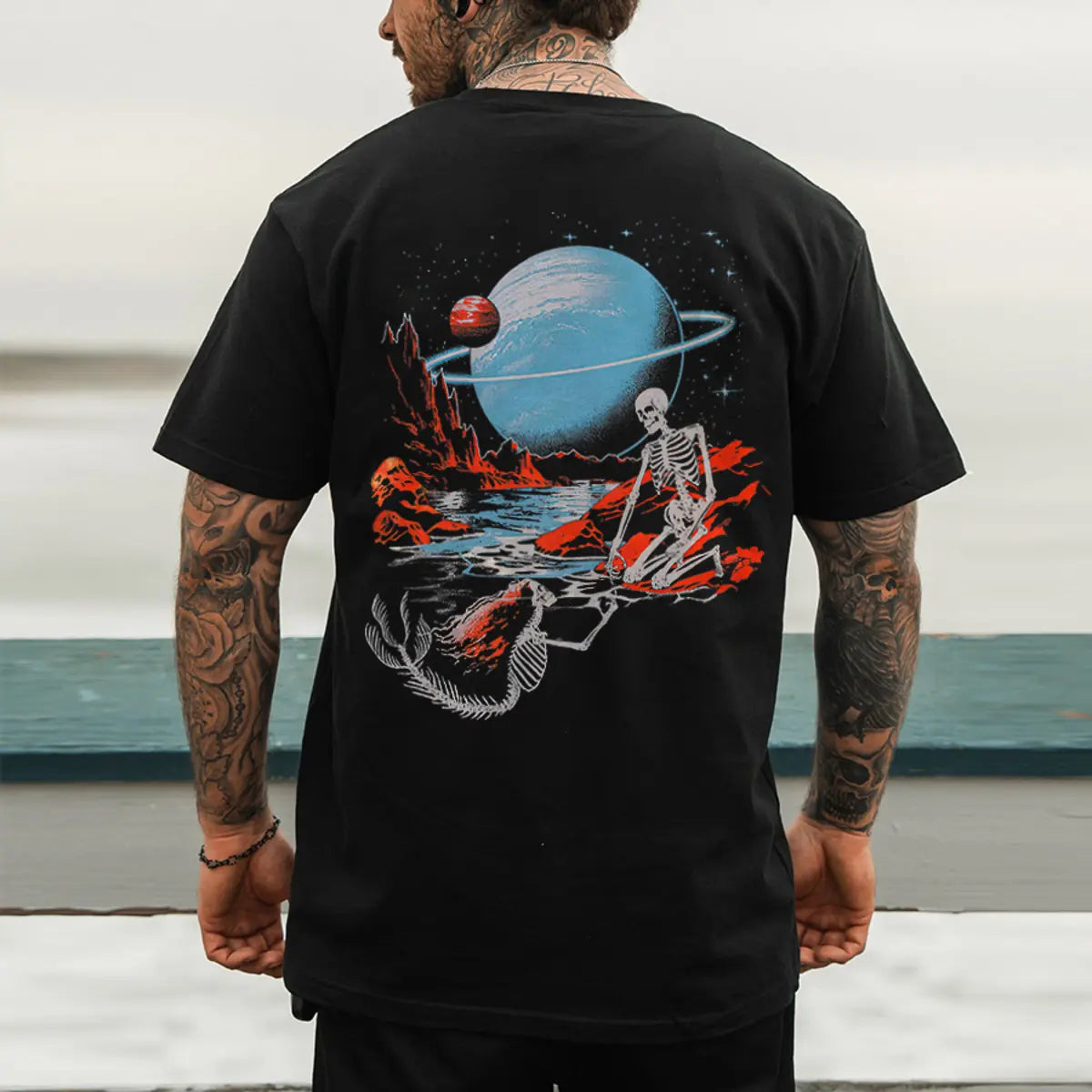 Mermaid and Skeleton Printed Men's T-shirt