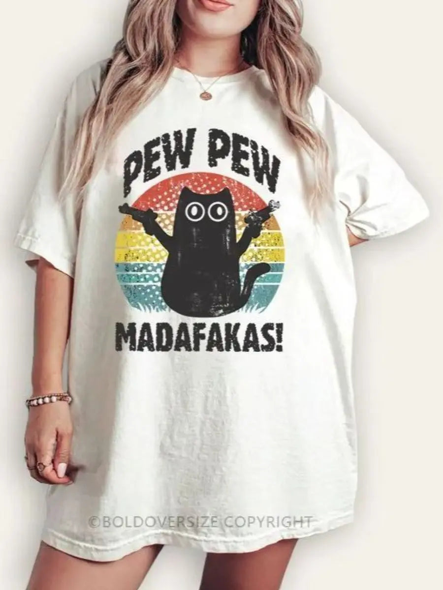 Vintage Funny Cat Pew Pew Printed Oversized Unisex T-shirts