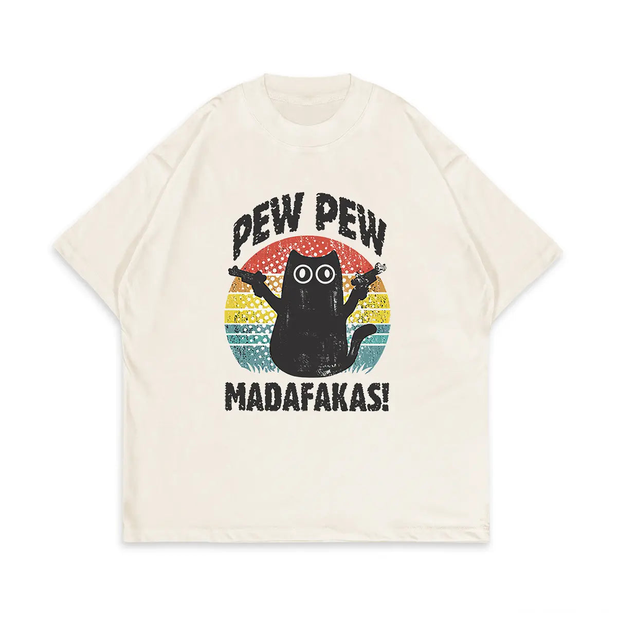 Vintage Funny Cat Pew Pew Printed Oversized Unisex T-shirts
