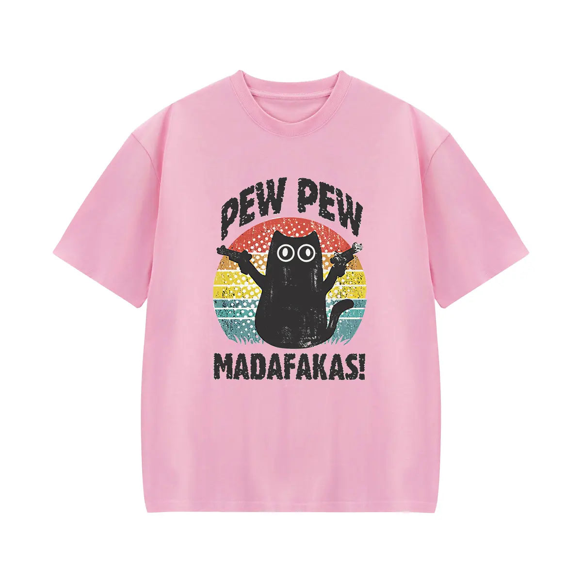 Vintage Funny Cat Pew Pew Printed Oversized Unisex T-shirts