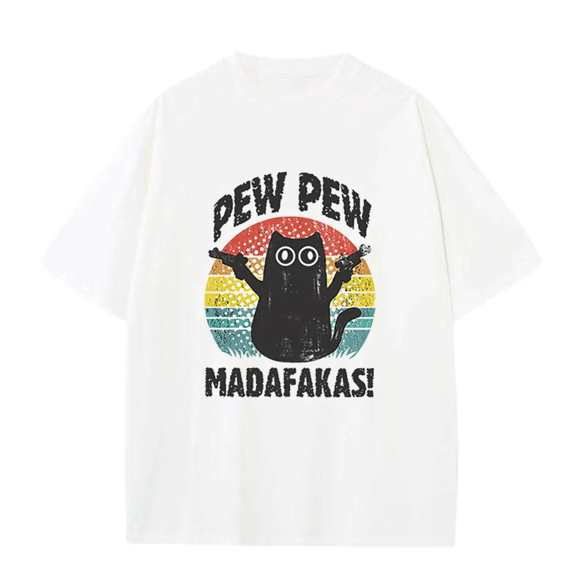 Vintage Funny Cat Pew Pew Printed Oversized Unisex T-shirts