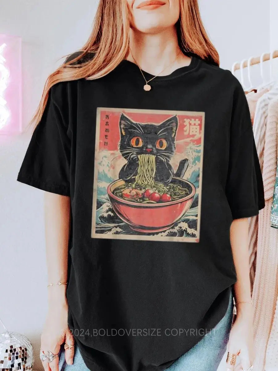 Vintage Cat Ramen Printed Oversized Unisex T-shirts