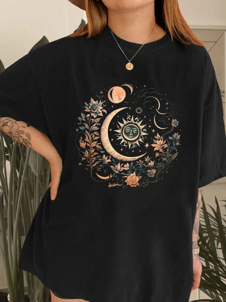 Mystic Moon And Sun Floral Printed Oversized Unisex T-shirts
