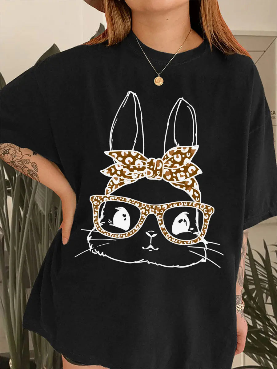 Bunny With Leopard Glasses Printed Oversized Unisex T-shirts