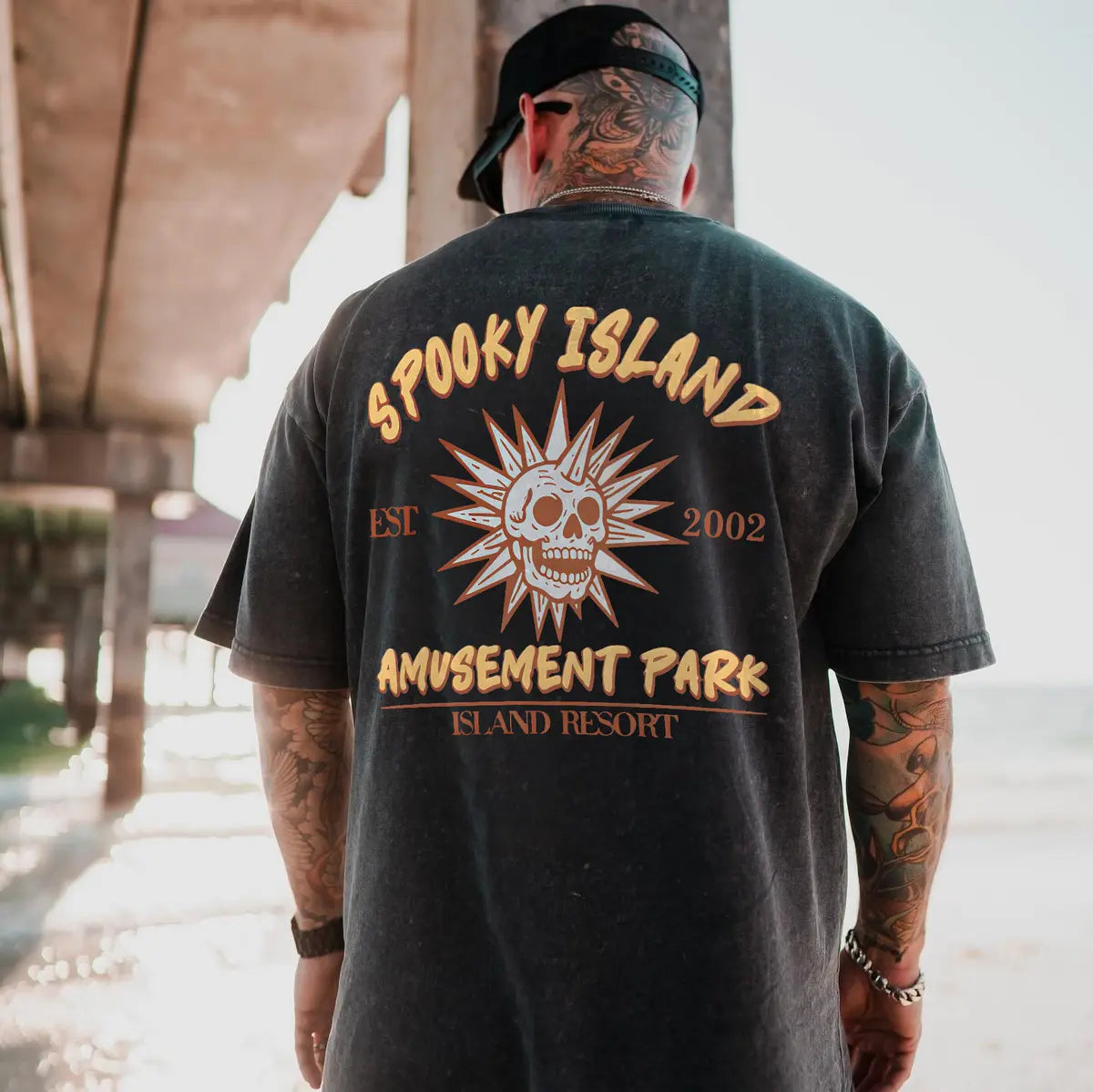 Spooky Island Amusement Park Island Resort Printed Unisex Washed T-Shirt