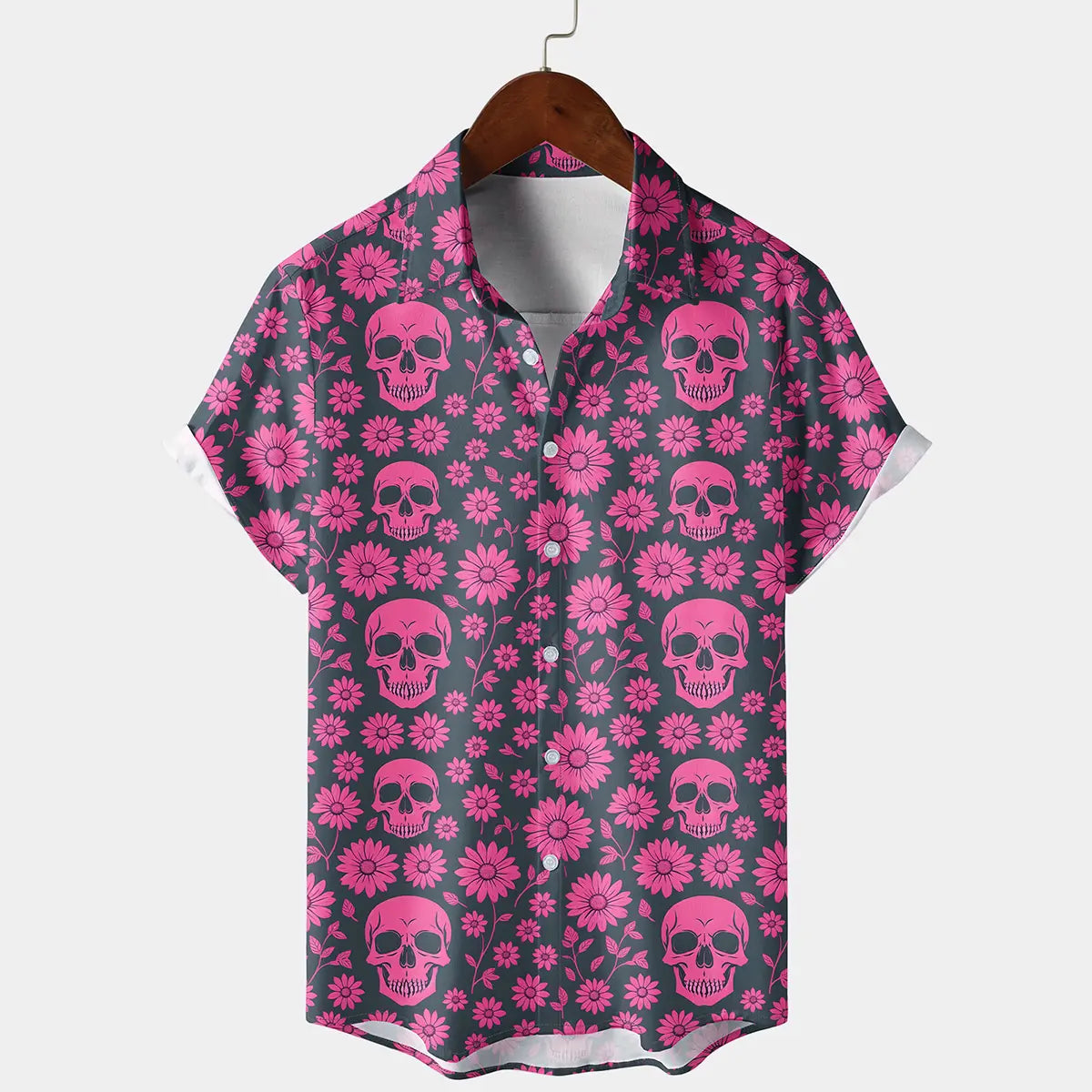 Skull Pattern Short Sleeve Button-Up Men's Shirt