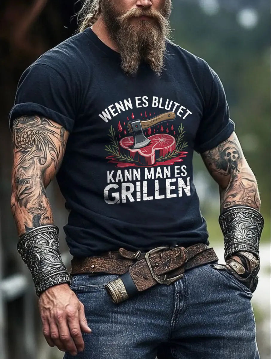 Viking Wenn Es Blutet Kann Man Es Grillen Printed Men's T-shirt