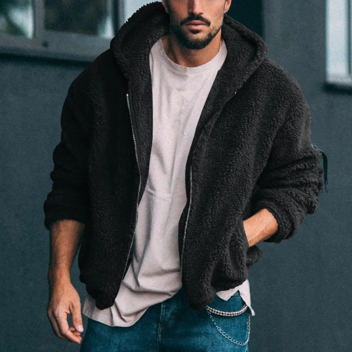 Solid Color Double-Faced Fleece Hooded Jacket