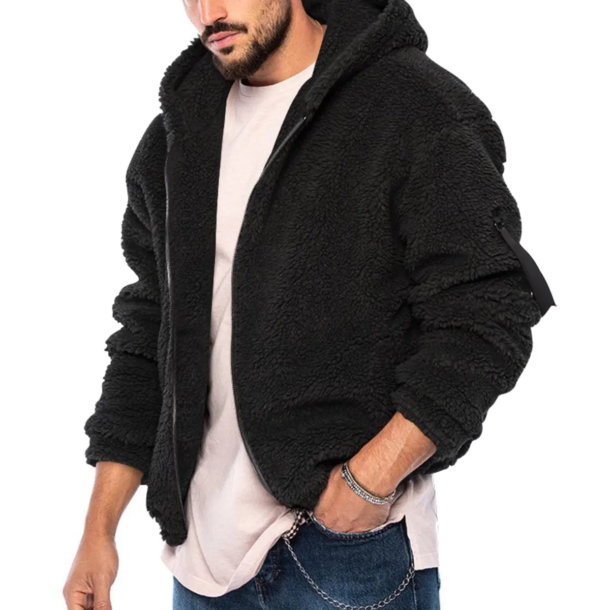 Solid Color Double-Faced Fleece Hooded Jacket