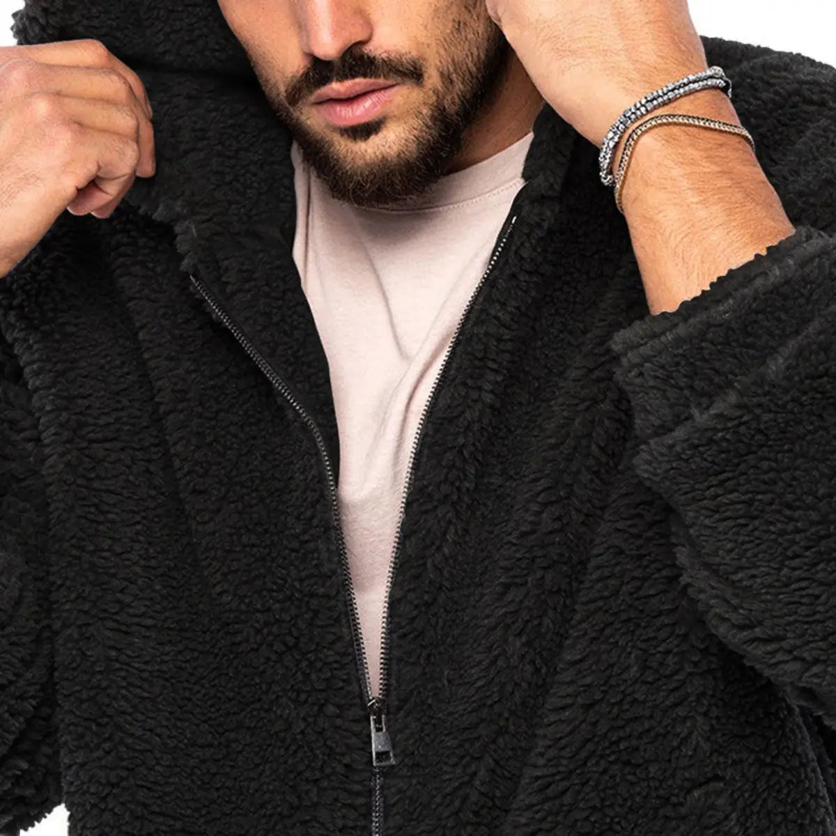 Solid Color Double-Faced Fleece Hooded Jacket