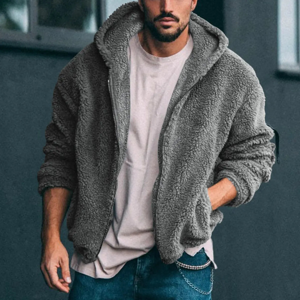 Solid Color Double-Faced Fleece Hooded Jacket
