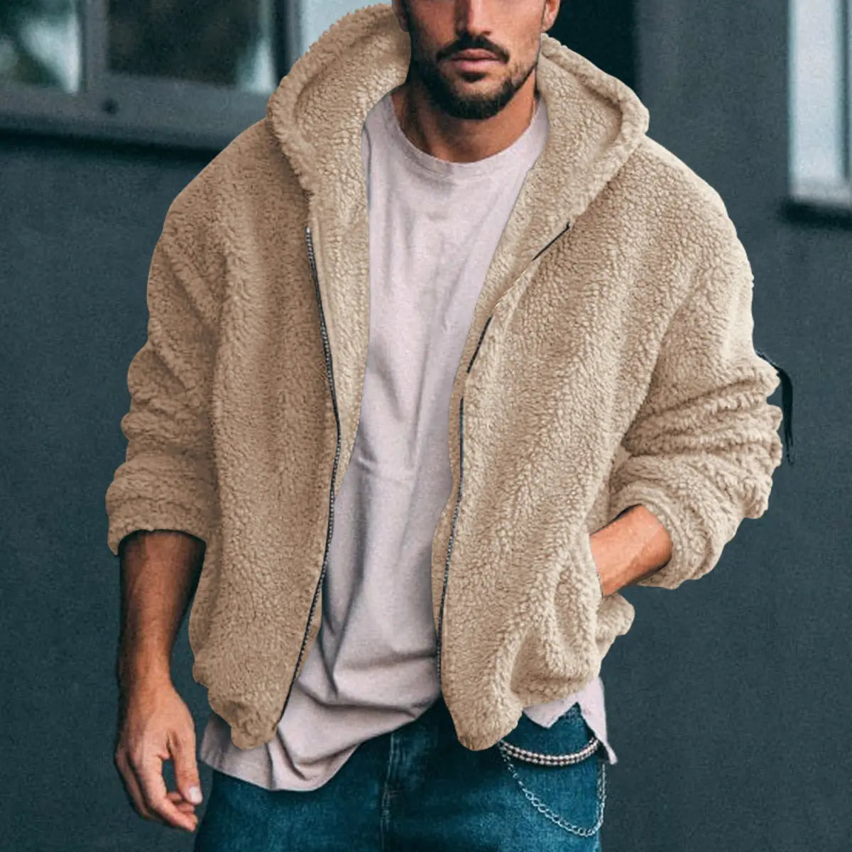 Solid Color Double-Faced Fleece Hooded Jacket