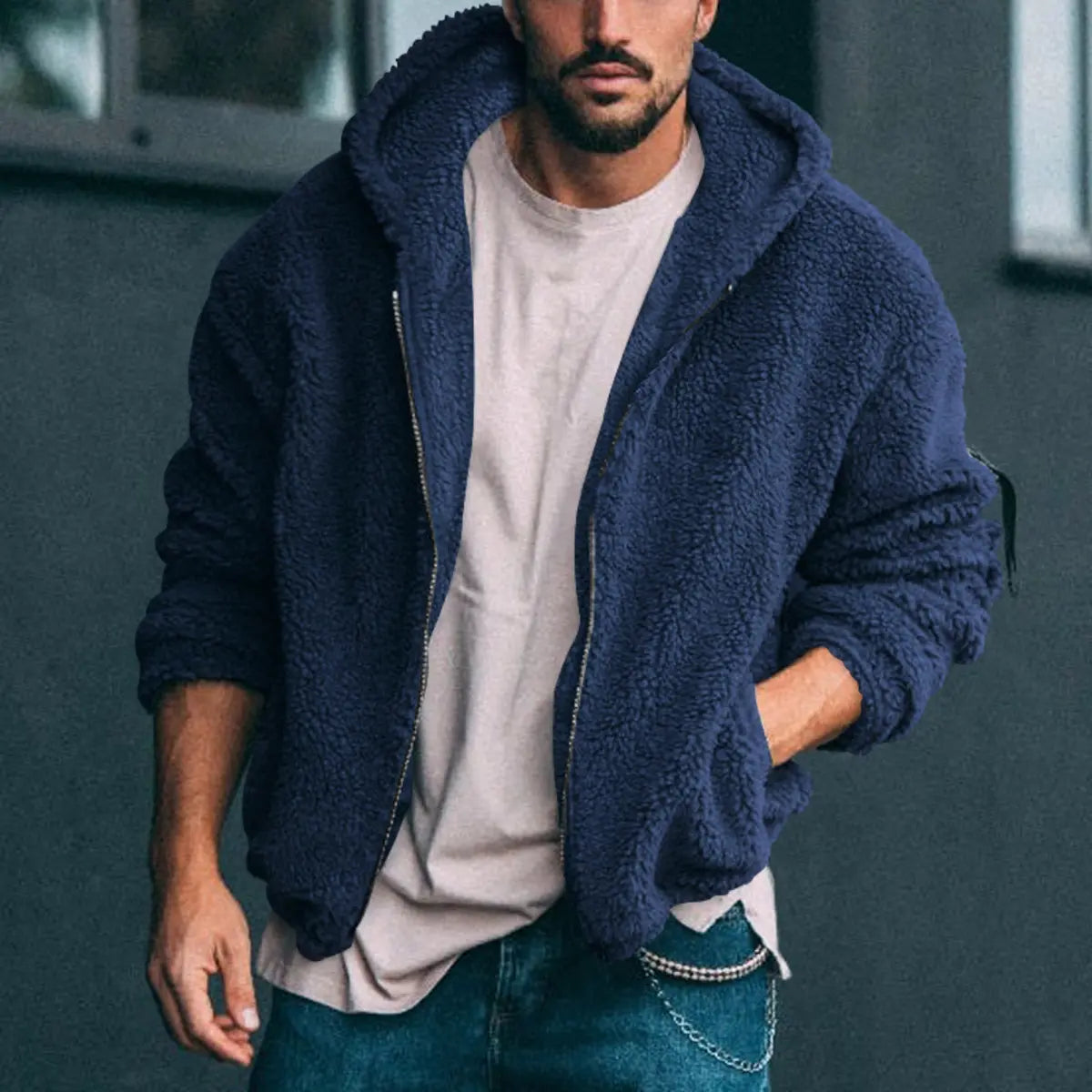 Solid Color Double-Faced Fleece Hooded Jacket