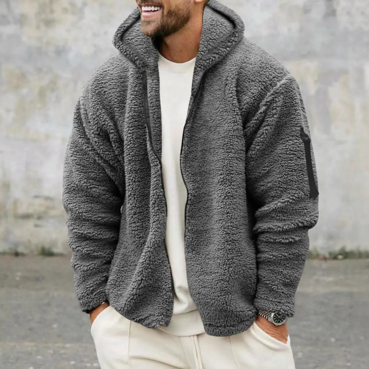 Solid Color Double-Faced Fleece Hooded Jacket