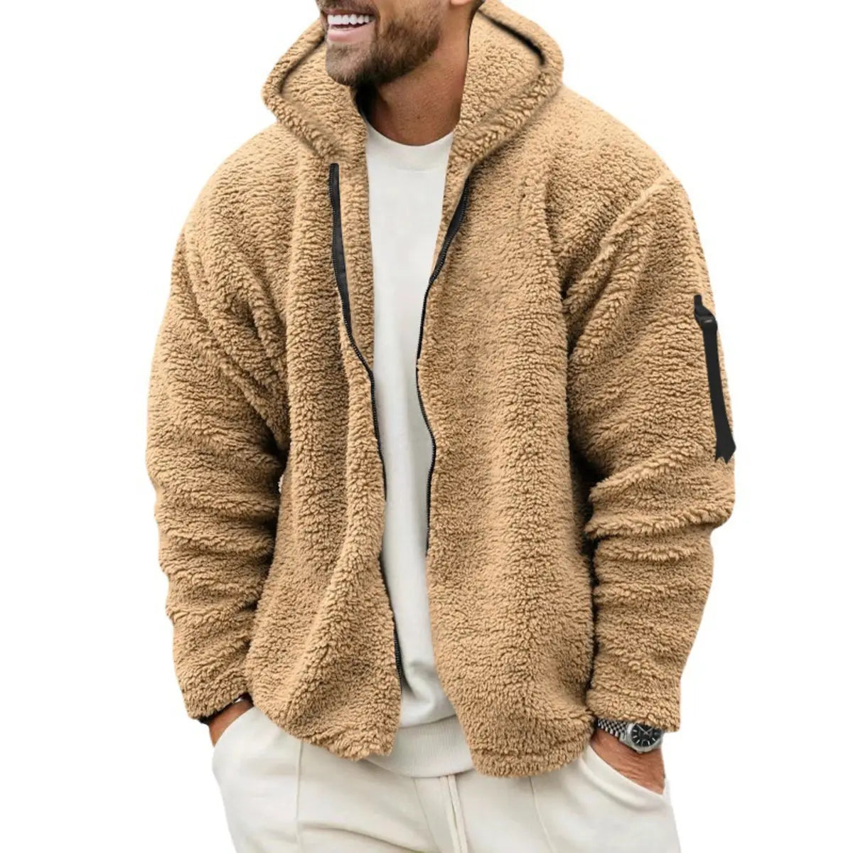 Solid Color Double-Faced Fleece Hooded Jacket